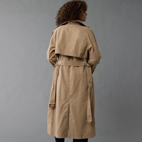 American Eagle Twill Long Trench Coat Women’s Large Belted Beige Jacket Preppy - Picture 2 of 16